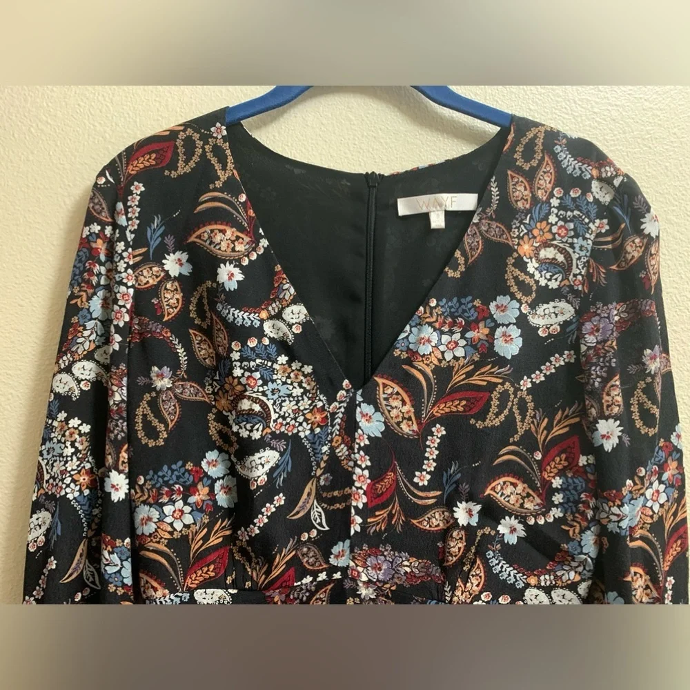 Wayf Malone  Paisley Black Floral V-Neck Mini Swing Dress Size Small Fall
